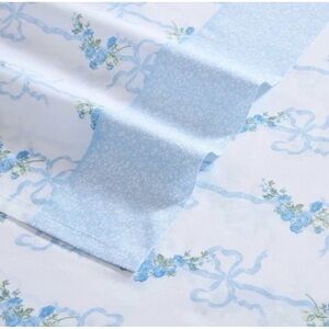 Laura Ashley ~ King Floral Ribbon Blue 100% Cotton Deep Pockets 4pc Sheet Set